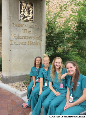 Kayla Heslin (left), Kate Schindelar, April Magneson and Amber Wiltgen, students from Wartburg College, Waverly, Iowa, interned at Denver Health Group, one of many opportunities available through Wartburg West, the college’s urban immersion program in Denver.