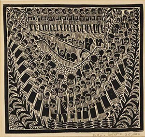 “Exodus”; woodcut byAzariah Mbatha (1941-; South Africa), who has lived in Sweden since 1969.