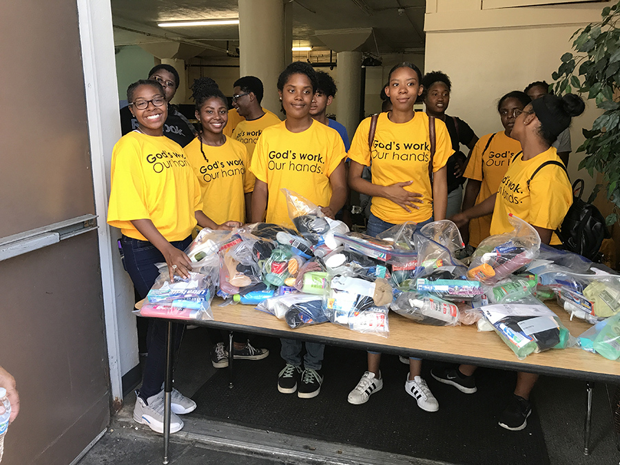 Youth members prepare to distribute hygiene kits at Community Lutheran Church, Los Angeles.