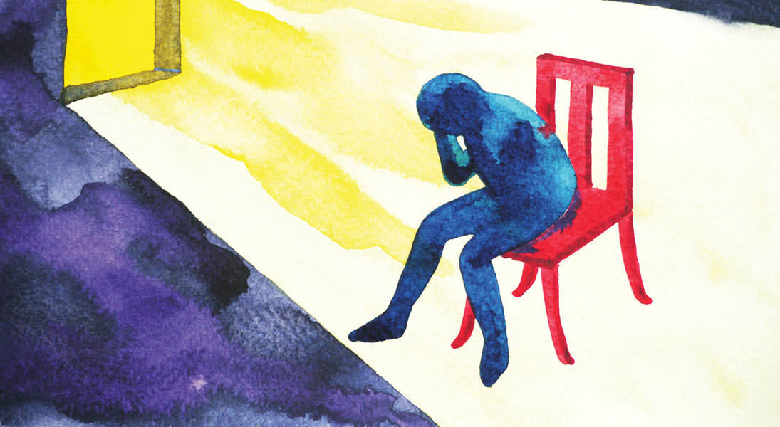 blue man in the dark room with open window and lighting