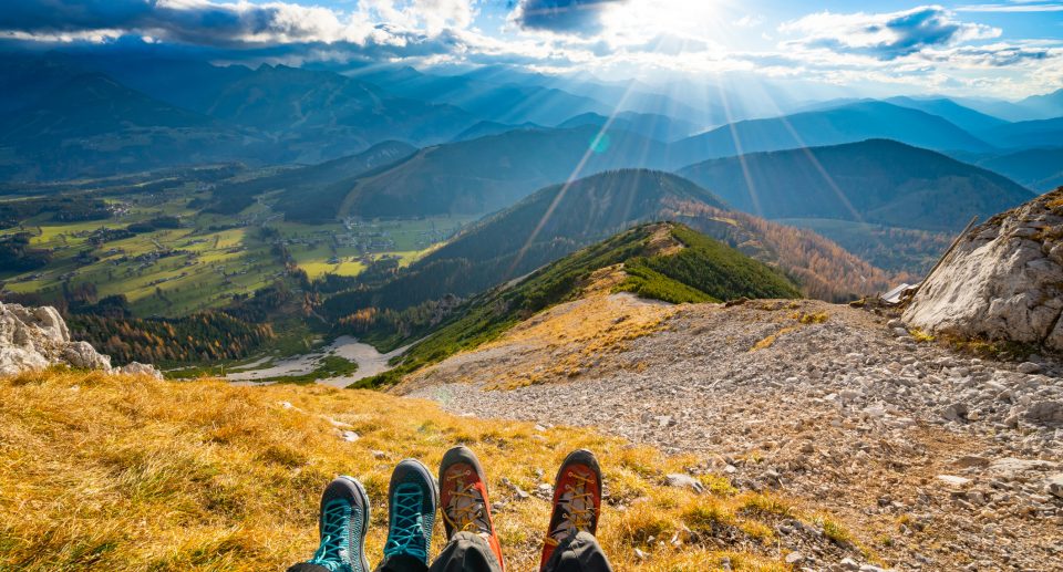 Hiking shoes with moutainous terrain