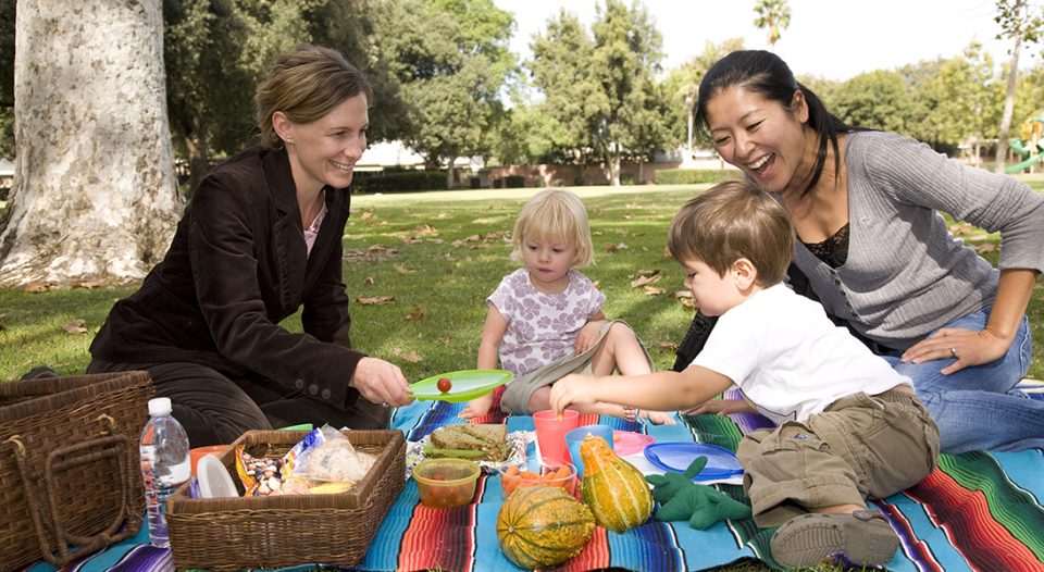 Two young mothers having a picnic with their children at a park eating sandwiches and vegetables.