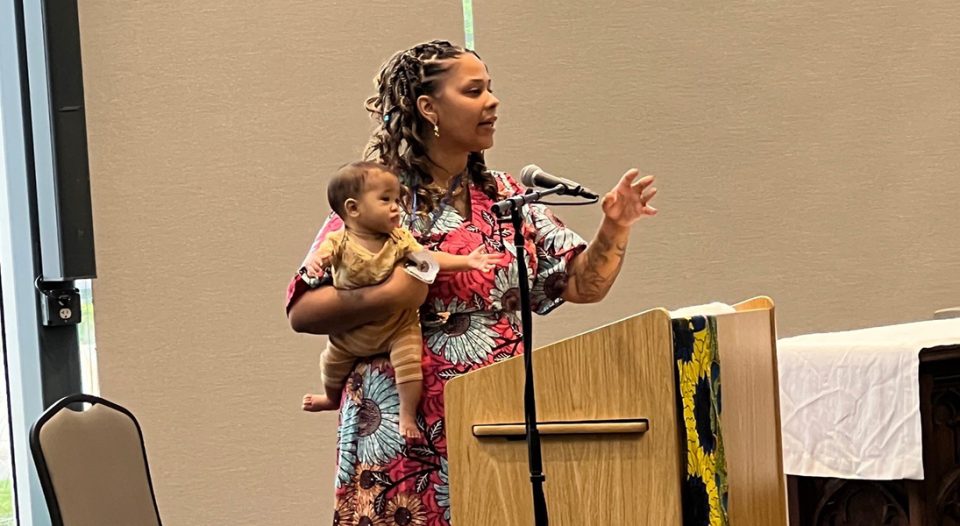 The ELCA African Descent Ministries "Reclaim" gathering was held September 14-17 in Minneapolis. Pastor Nicolette Penaranda, program director for ELCA African Descent Ministries, addressed participants prior to a morning keynote address (with her daughter DJ in tow). Photos: ELCA