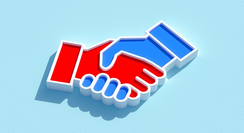 Red and blue handshake