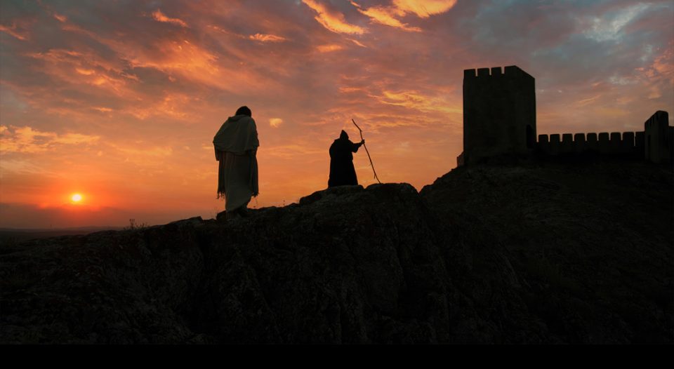 Pilgrims climbing hill toward Jerusalem