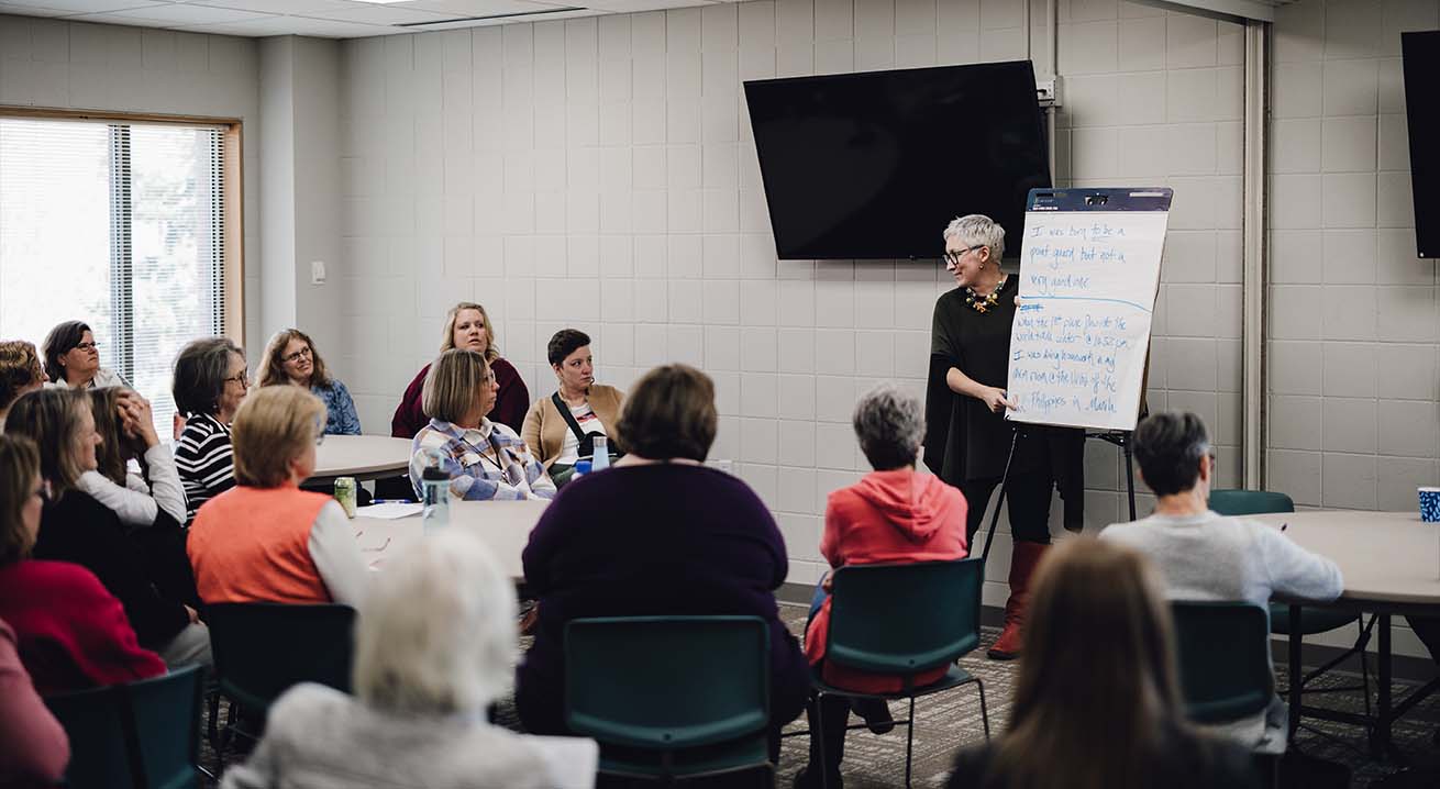 Roske-Metcalfe leads workshops on the craft of storytelling for churches and community organizations, including this session for Church Anew.