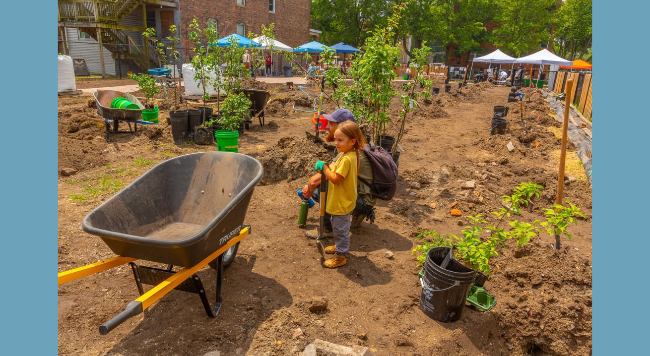 Child and man plant trees in a community garden